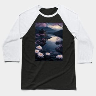 Serene Mount Fuji Sunset - Peaceful River Scenery - Lotus Flowers Baseball T-Shirt